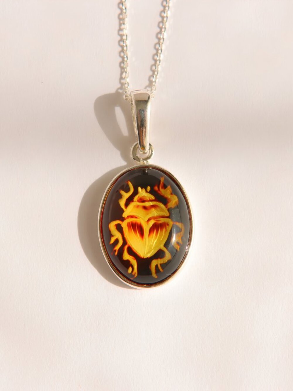 Baltic Amber Scarab Necklace in Sterling Silver